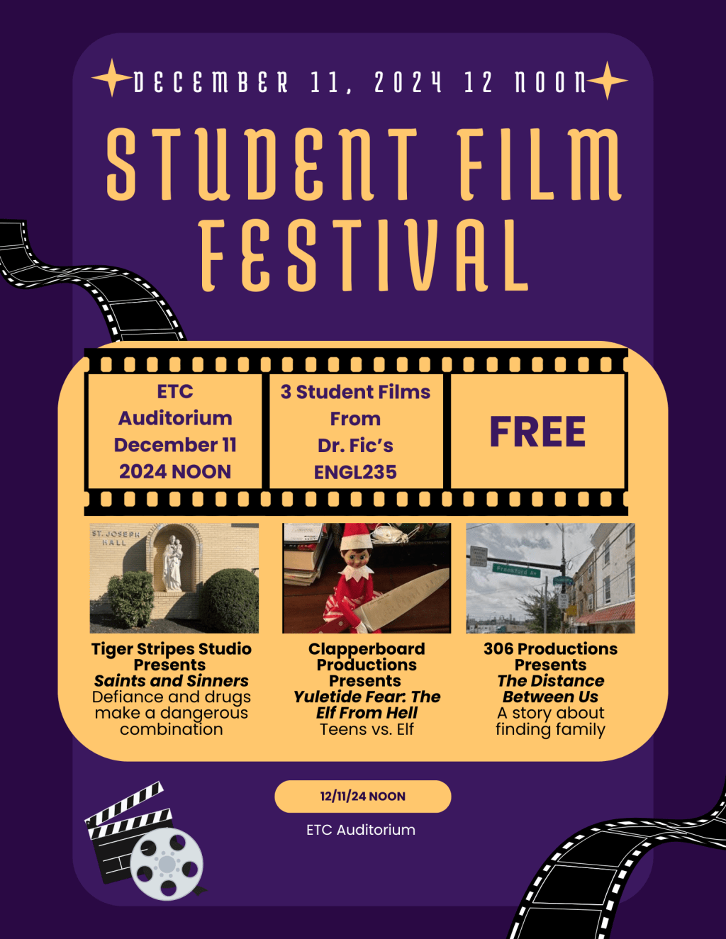 Student Film Festival 12/11 Noon ETC&nbsp;Auditorium